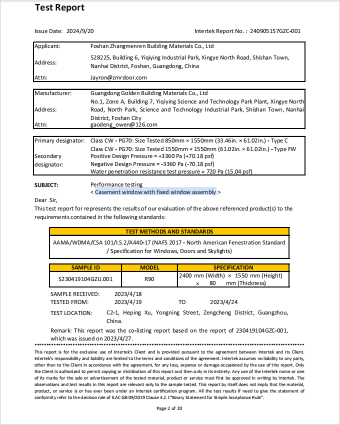Official test reports and product certifications for Uhous windows -01