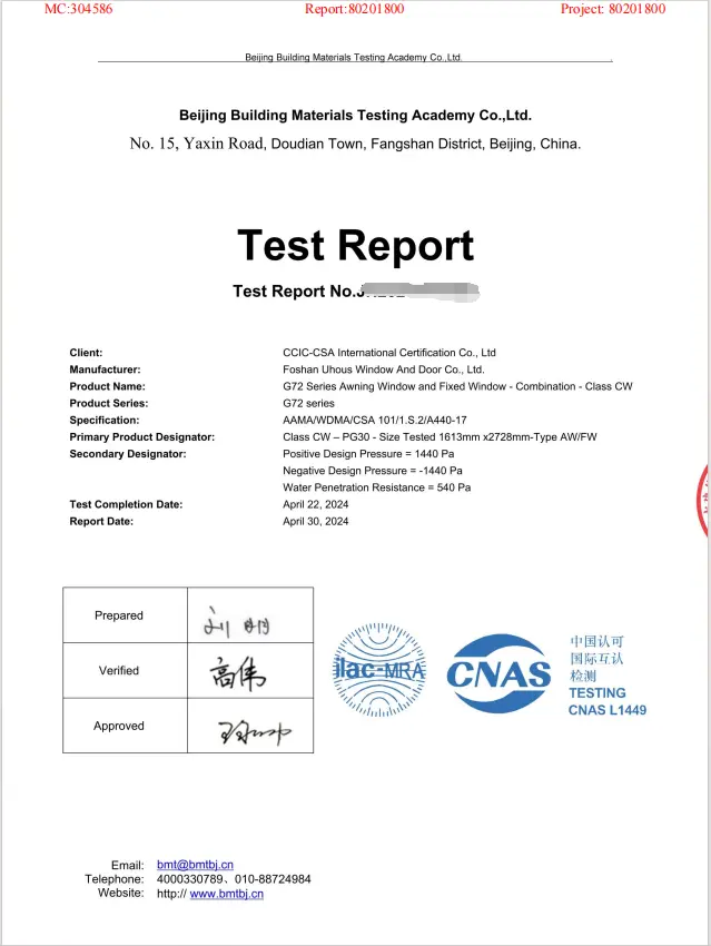 Official test reports and product certifications for Uhous windows - 03