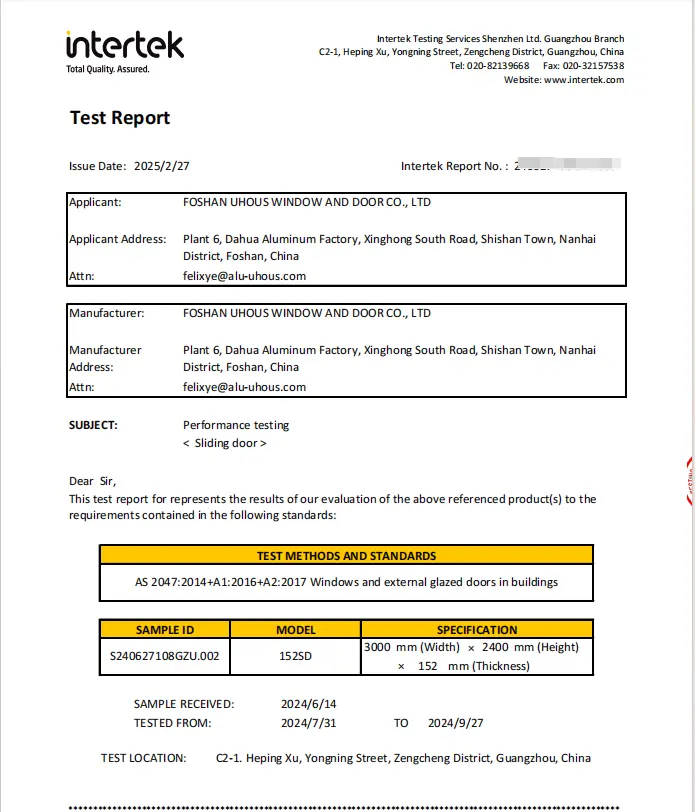 Official test reports and product certifications for Uhous windows -02